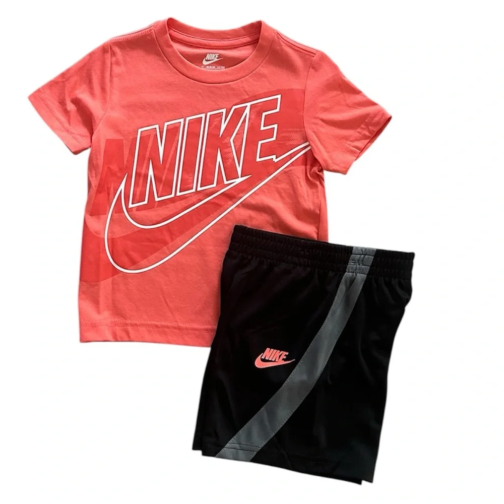 Nike Boys 2PC Outfit Set Size 3T Coral Logo T-shirt & Black Athletic Shorts NWT